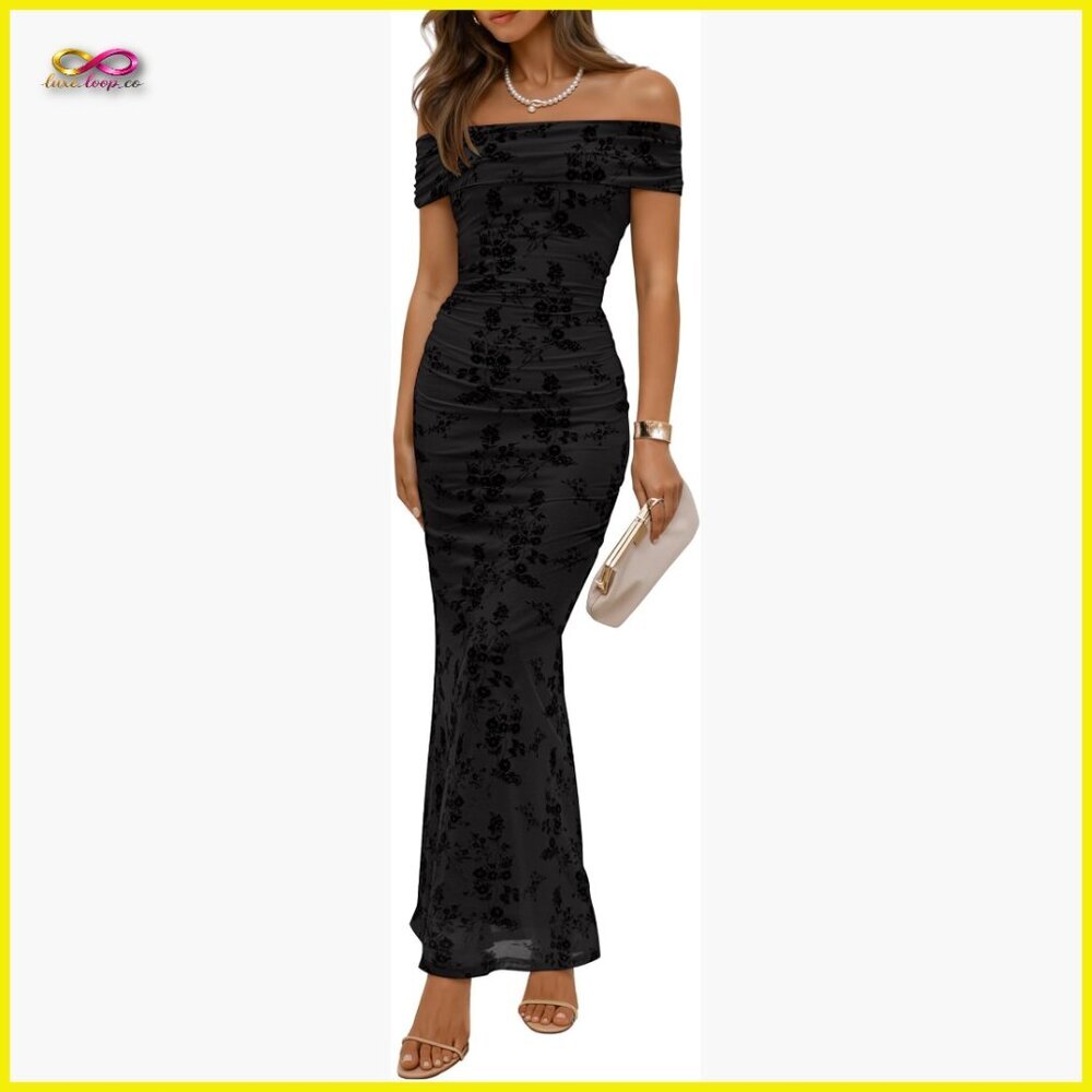 Off Shoulder Floral Bodycon Maxi Dress Elegant Formal Cocktail Wedding Guest